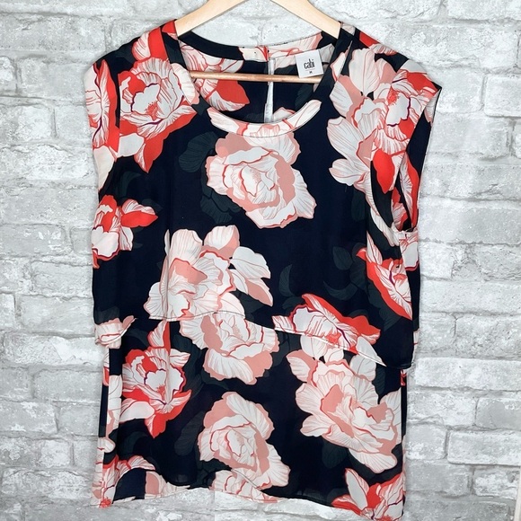 CABI.Floral Navy & tangerine Blouse Top,boho,large blossom flattering layers,SZM - Picture 2 of 4